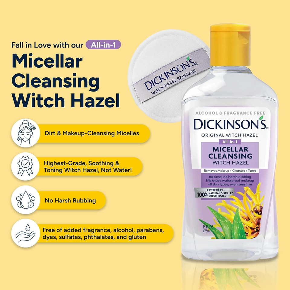 Dickinson'S Micellar Cleansing Witch Hazel | 100% Natural Distilled Witch Hazel | Alcohol & Fragrance Free | Makeup Remover, Skin Cleanser, Facial Toner | Removes Dirt, Oil, Makeup | 8 Fl Oz Dickinson'S Micellar Cleansing Witch Hazel | 100% Natural Distilled Witch Hazel | Alcohol & Fragrance Free | Makeup Remover, Skin Cleanser, Facial Toner | Removes Dirt, Oil, Makeup | 8 Fl Oz