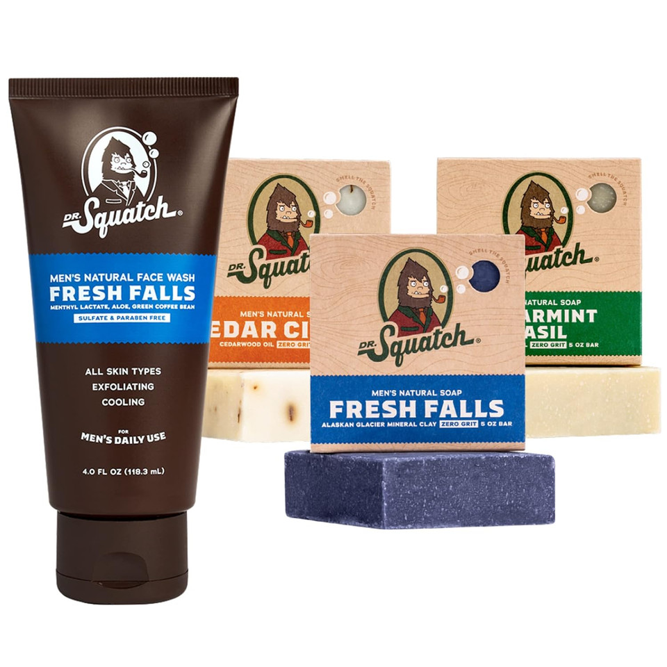 Dr. Squatch Men'S Natural Face Wash And Bar Soap Bundle - Fresh Falls Exfoliating Face Wash Made With Natural Ingredients - Fresh Falls, Cedar Citrus, And Spearmint Basil Bar Soap