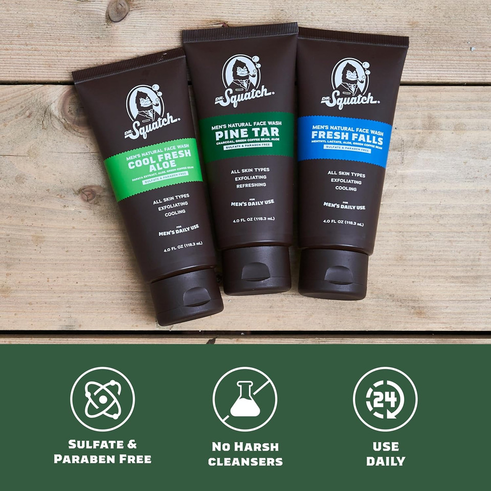 Dr. Squatch Men'S Natural Face Wash And Bar Soap Bundle - Fresh Falls Exfoliating Face Wash Made With Natural Ingredients - Fresh Falls, Cedar Citrus, And Spearmint Basil Bar Soap