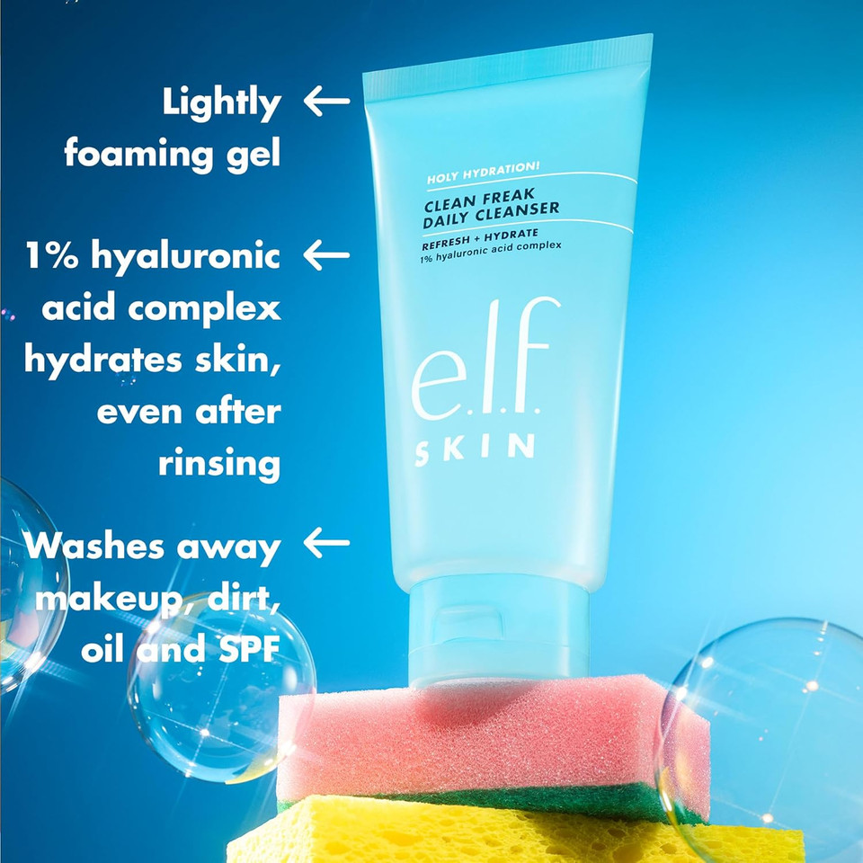 E.L.F. Skin Holy Hydration! Clean Freak Daily Cleanser, Gentle Hydrating Gel Face Cleanser, Made With Hyaluronic Acid, Vegan & Cruelty-Free, 5.5 Fl Oz