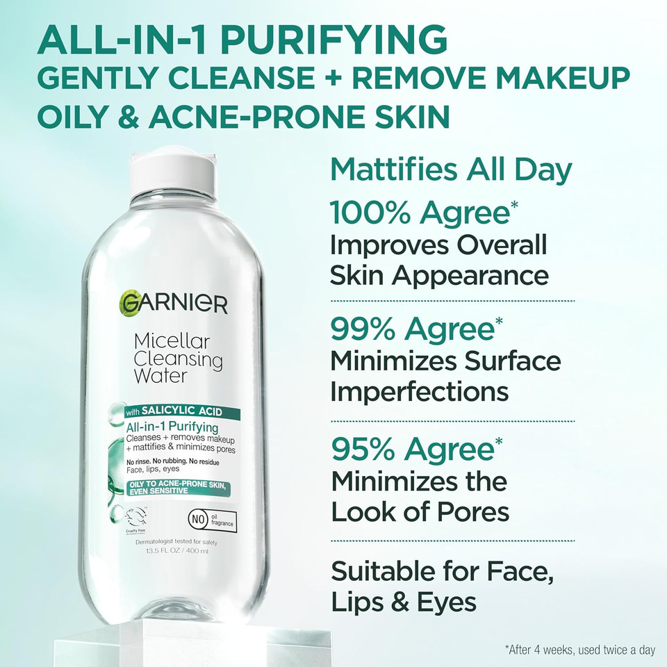 Garnier Micellar Water With Salicylic Acid, All-In-1 Mattifying Facial Cleanser And Makeup Remover For Oily And Acne Prone Skin, 13.5 Fl Oz