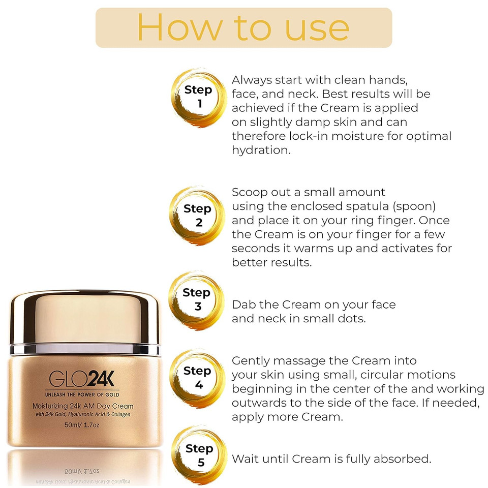 Glo24K Exfoliating Facial Cleanser And Day Cream With 24K Gold, Collagen, And Vitamins A,C,E. For A Radiant Appearance And Fresh Looking Skin