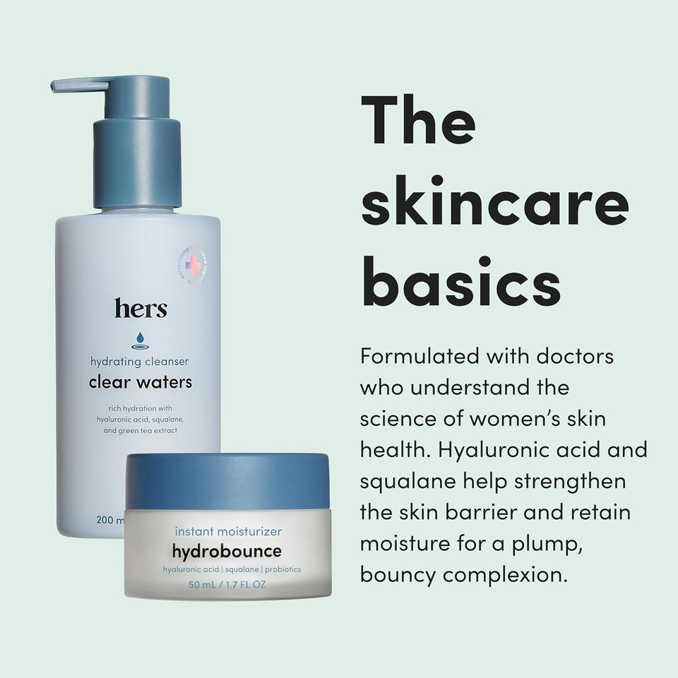 Hers Hydrobounce Instant Moisturizer & Clear Waters Hydrating Cleanser Bundle - Facial Moisturizer With Squalane - Hydrating Cleanser With Hyaluronic Acid - 2 Units Total