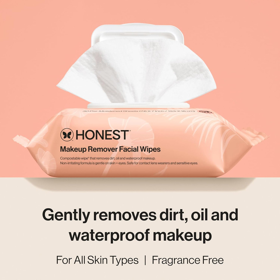 Honest Beauty Fragrance Free Cleansing Makeup Remover Facial Wipes | Plant Based, Hypoallergenic, Gentle For Sensitive Skin | 30 Count