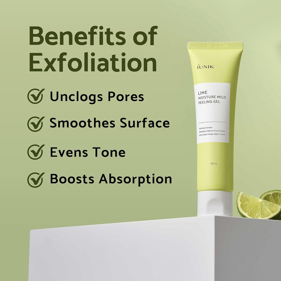 Iunik Lime Moisture Mild Peeling Gel 3.04 Fl Oz - Gentle Exfoliating Deep Cleansing Glowing - Smooth With Aha & Fruits Complex - Control Sebum Clear Dead Skin Cells Blackheads Pore-Minimizing Vegan