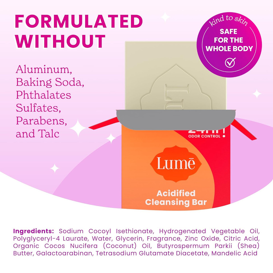 Lume Acidified Body Cleansing Bar - 24 Hour Odor Control - Removes Odor Better Than Soap - Moisturizing Formula - Formulated Without Sls Orparabens - Ob/Gyn Developed - 5 Ounce (Clean Tangerine)