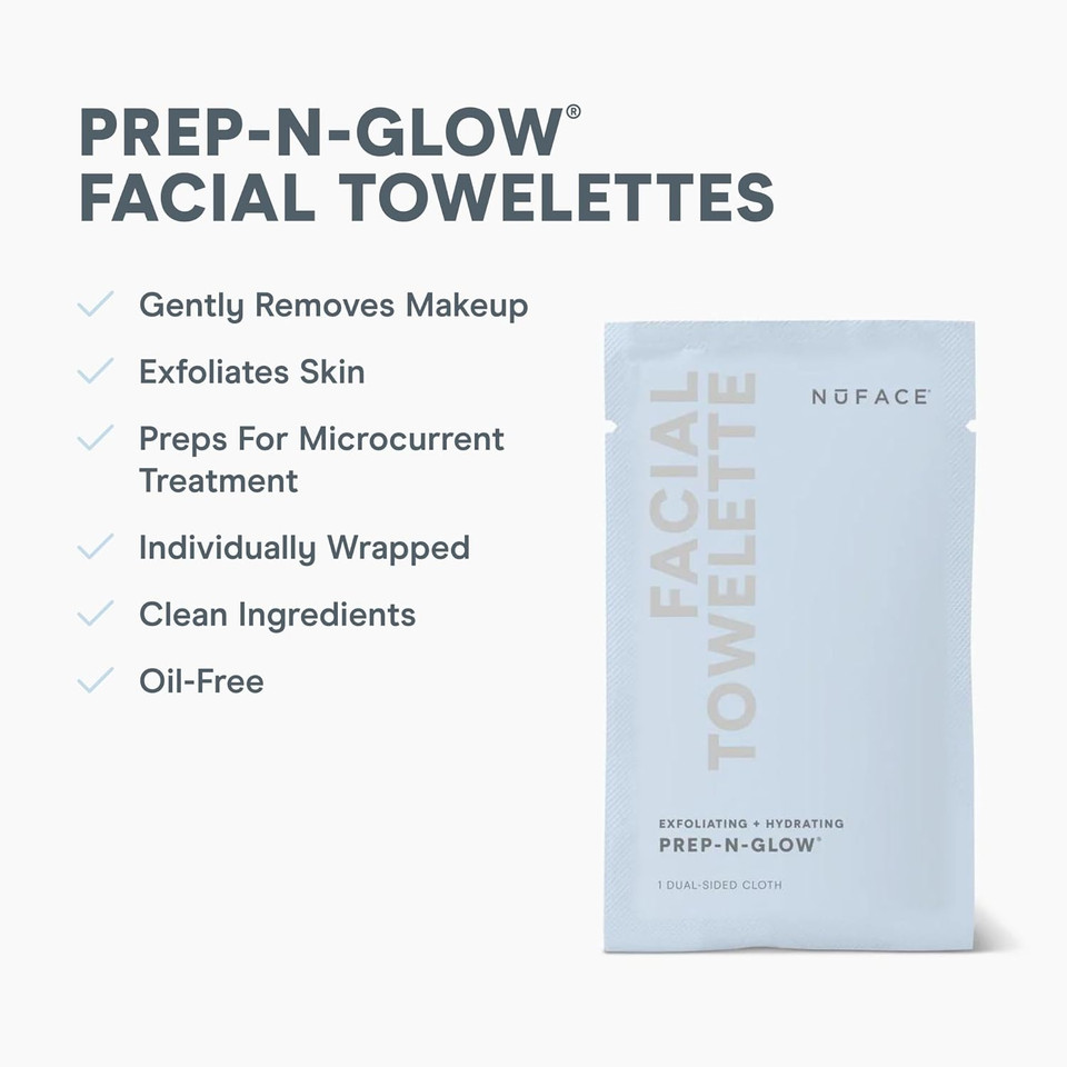 Nuface Prep-N-Glow Facial Towelettes - 2-In-1 Exfoliating + Cleansing Makeup Remover Wipes, Hyaluronic Acid Travel Face Wipes To Hydrate & Brighten For Glowing Skin - 20 Individually Wrapped Cloths