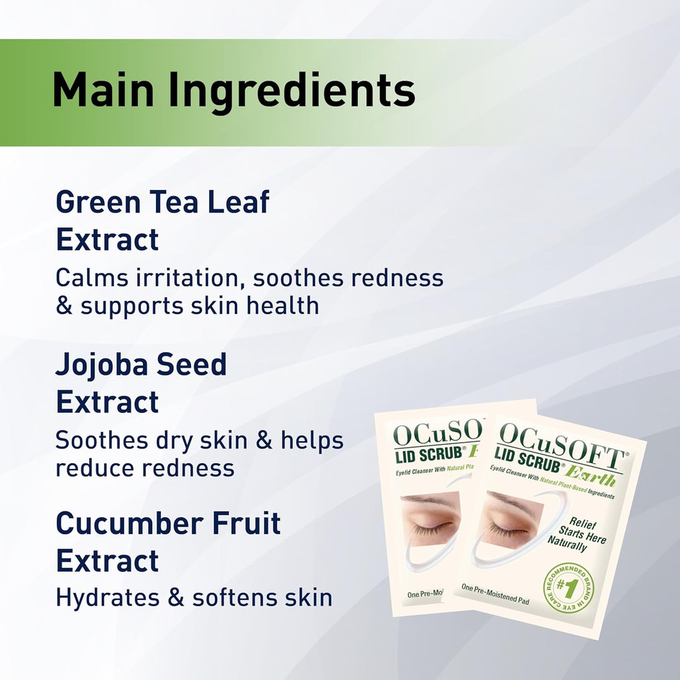 Ocusoft Lid Scrub Earth Eyelid Cleanser, Pre-Moistened Eyelid Wipes For Mild To Moderate Conditions, Eyelid Cleanser With Natural Plant-Based Ingredients, 30 Count