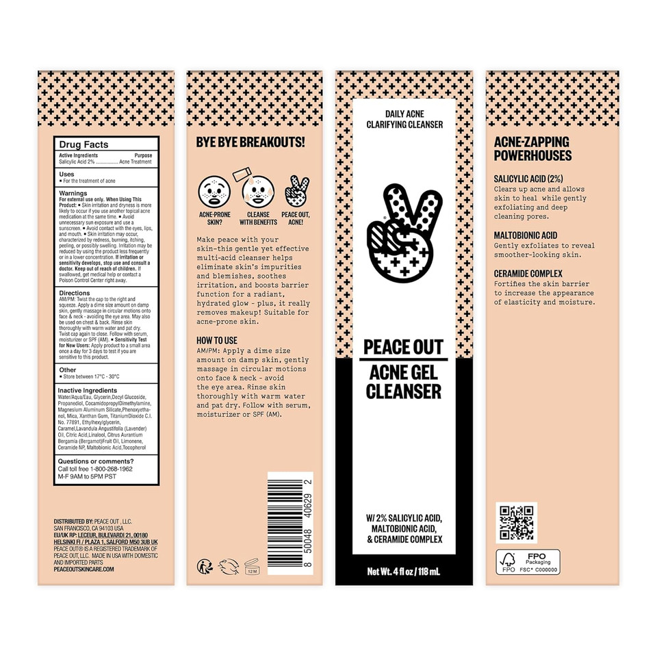 Peace Out Skincare Acne Gel Cleanser, Boost Skin Barrier And Help Diminish Blemishes, Daily Acne Face Wash With Salicylic Acid For Men And Women, 4 Fl Oz