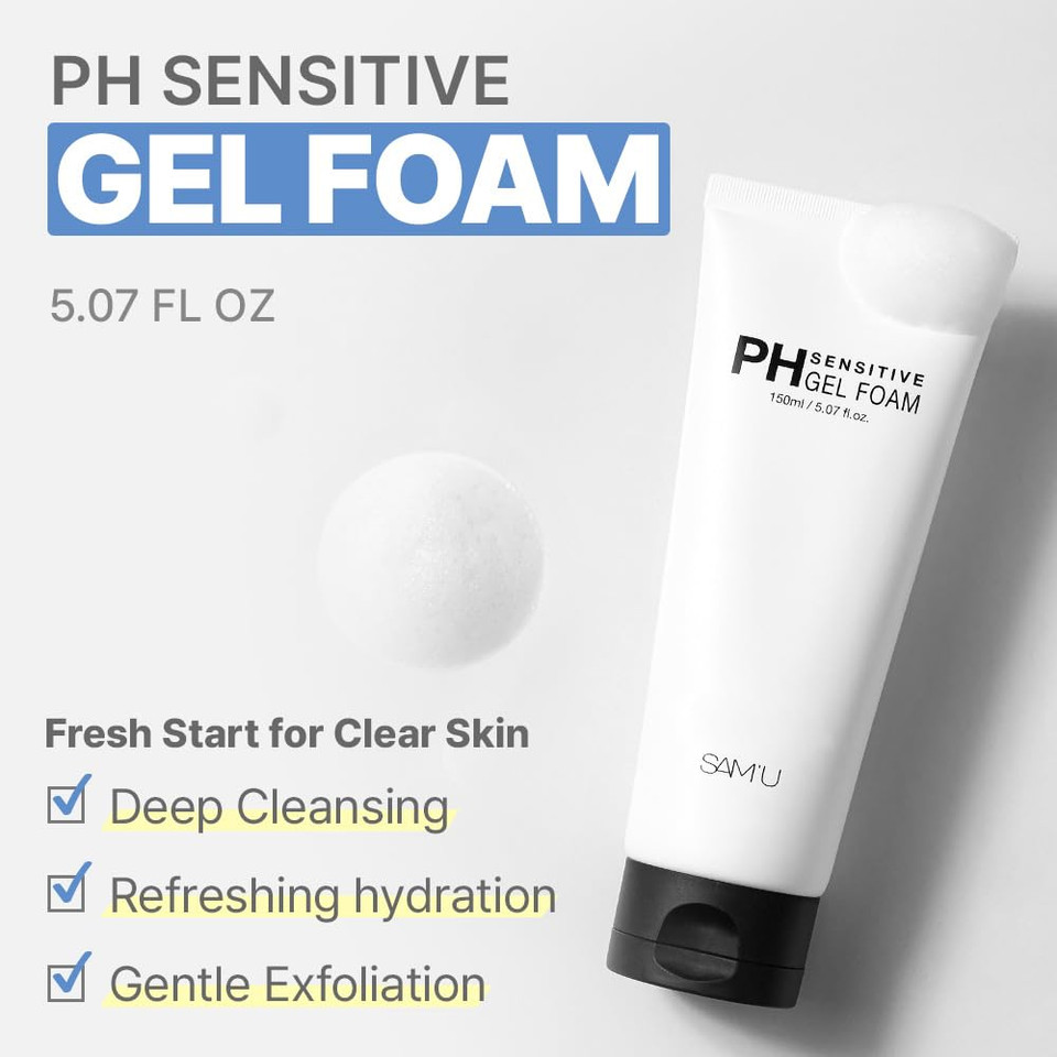 Sam'U Ph Sensitive Gel Foam Cleanser | Korean Hydrating Face Wash With Hyaluronic Acid & Centella | Gentle Facial Cleanser For Dry & Sensitive Skin (5.07 Fl. Oz.)