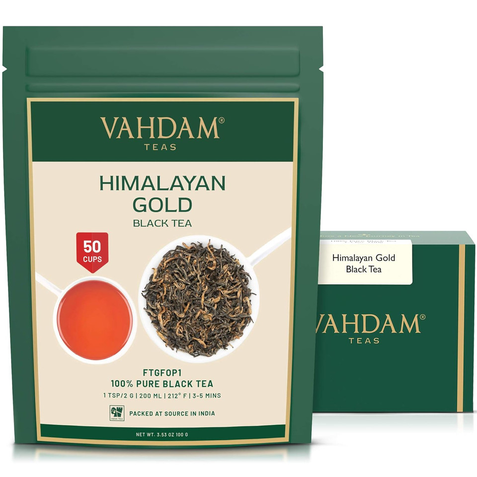 Vahdam, Himalayan Gold Black Tea (50 Cups/3.53Oz) Pure Black Tea Leaves With Golden Tips | Robust, Rich & Flavory Loose Tea | Unblended Single Origin Black Loose Leaf Tea | Vacuum Sealed Pack