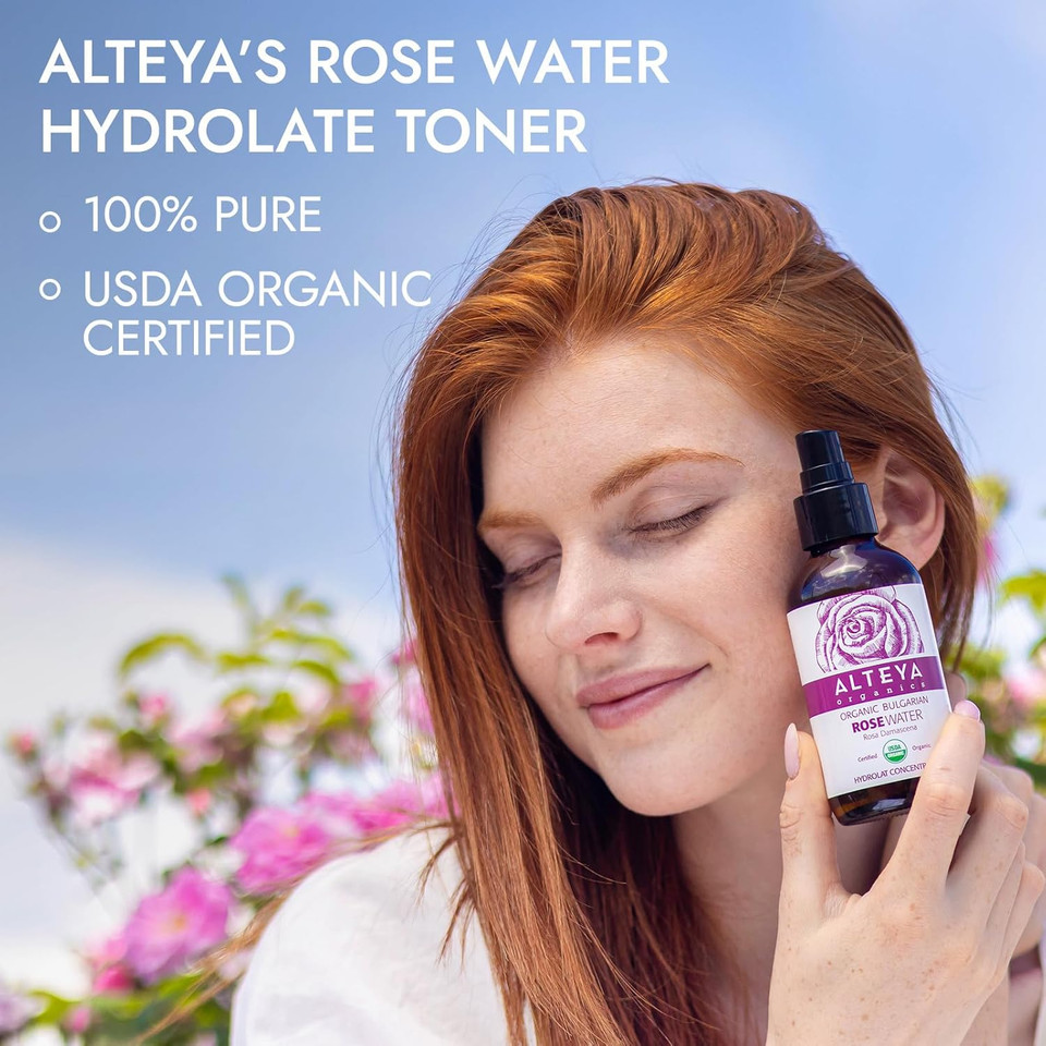 Alteya Organics Rose Water Usda Certified Organic Facial Toner, 8 Fl Oz/240Ml Pure Bulgarian Rosa Damascena Flower Water, Award-Winning Moisturizer Amber Glass Spray Bottle