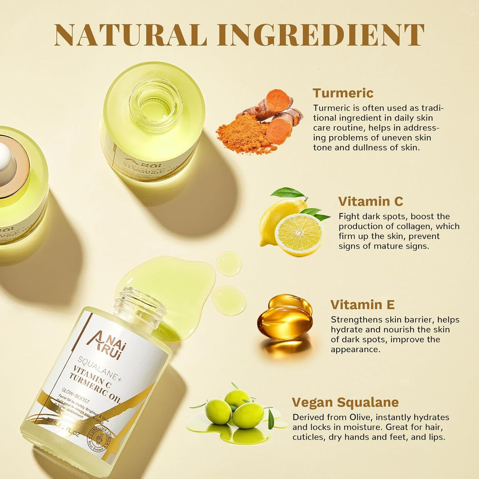 Anai Rui Squalane Vitamin C Turmeric Facial Oil Moisturizer For Face, Hydrates, Firms Skin, 1Fl.Oz Anai Rui Squalane Vitamin C Turmeric Facial Oil Moisturizer For Face, Hydrates, Firms Skin, 1Fl.Oz