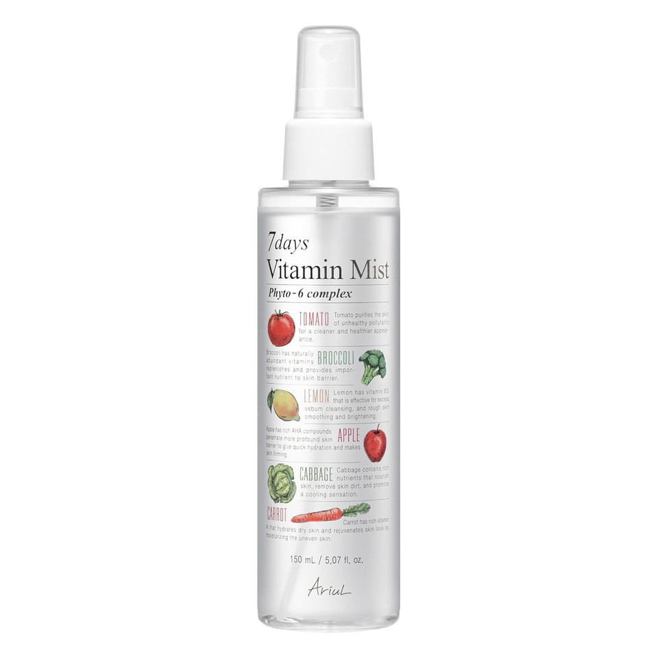 Ariul 7 Days Vitamin Mist 5.07 Fl. Oz. All Natural Green Graded Nutrients Facial Toner Moisturizing Spray - Biotin, Niacinamide, Riboflavin, Ascorbic Acid, Butylene Glycol, Cyanocobalamin