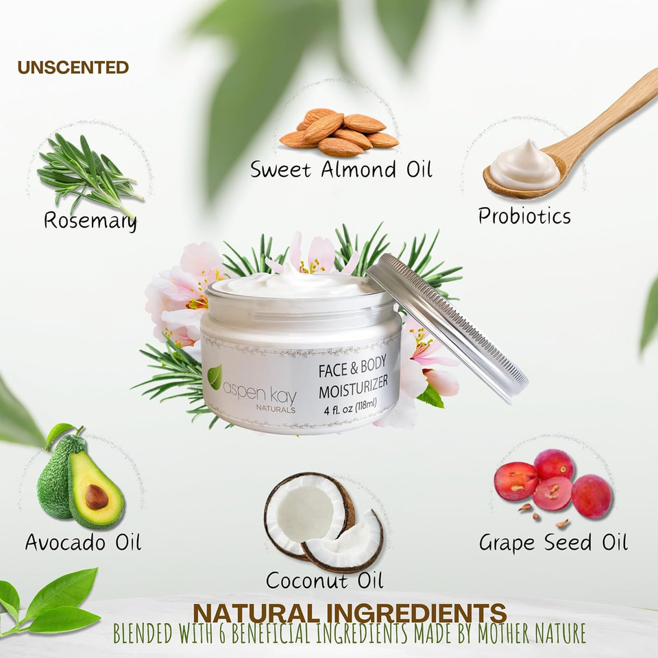 Aspen Kay Naturals Face & Body Moisturizer | Deep Moisturizing Face Cream For Dry Sensitive Skin | Light, Non-Greasy, & Fast Absorbing | Natural Face Moisturizer For Women | Unscented 4 Fl Oz
