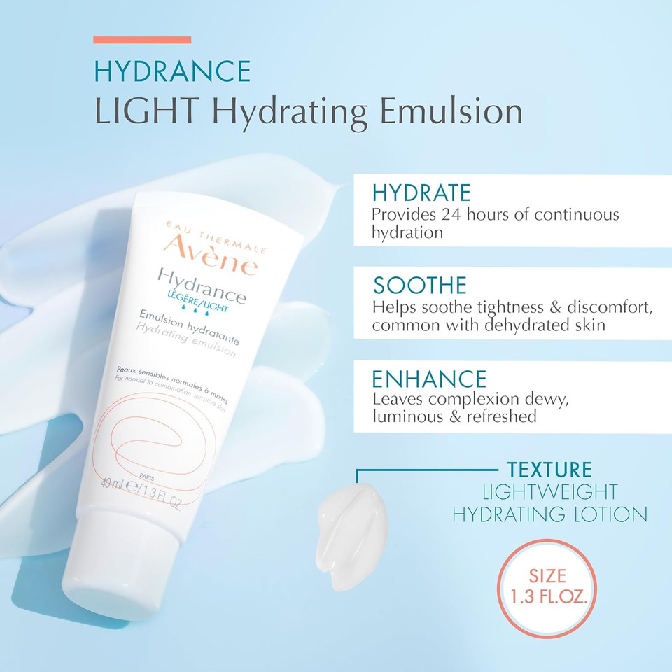 Avène Hydrance Light Hydrating Emulsion, Daily Face Moisturizer Cream, Non-Comedogenic, 1.3 Oz