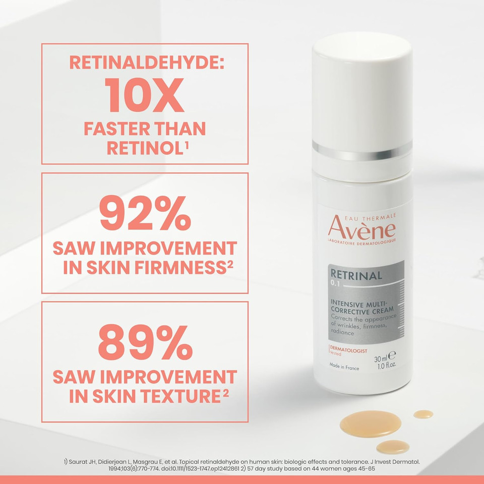 Avène Retrinal 0.1% Intensive Multi-Corrective Cream, Retinal Face Cream Formulated With Retinaldehyde, Niacinamide & Hyaluronic Acid, Anti-Aging Cream Visibly Reduces Wrinkles & Fine Lines, 1 Fl Oz