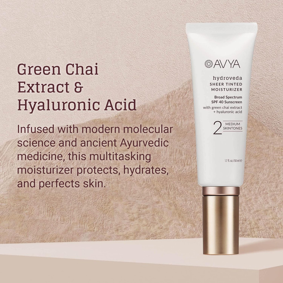 Avya Spf 40 Sheer Tinted Moisturizer With Hyaluronic Acid & Green Chai  Advanced Ayurvedic Skincare Treatment For Balanced And Brighter Skin/Fair & Light Skintones Shade #1 (1.7Oz/50Ml)