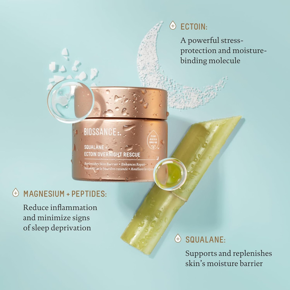 Biossance Squalane + Ectoin Overnight Rescue Face Cream  Intensive 24H Hydration For Dry/Sensitive Skin  Boosts Repair, Smoothens, Rejuvenates  Use As Moisturizer/Overnight Mask, 1.6Oz