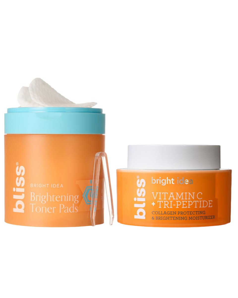 Bliss Bright Idea Vitamin C Toner Pads & Vitamin C + Tri-Peptide Brightening Serum Duo Antioxidant Skincare Bundle For Radiant Skin  Targets Dark Spots, Uneven Texture, And Dullness  Clean, Vegan