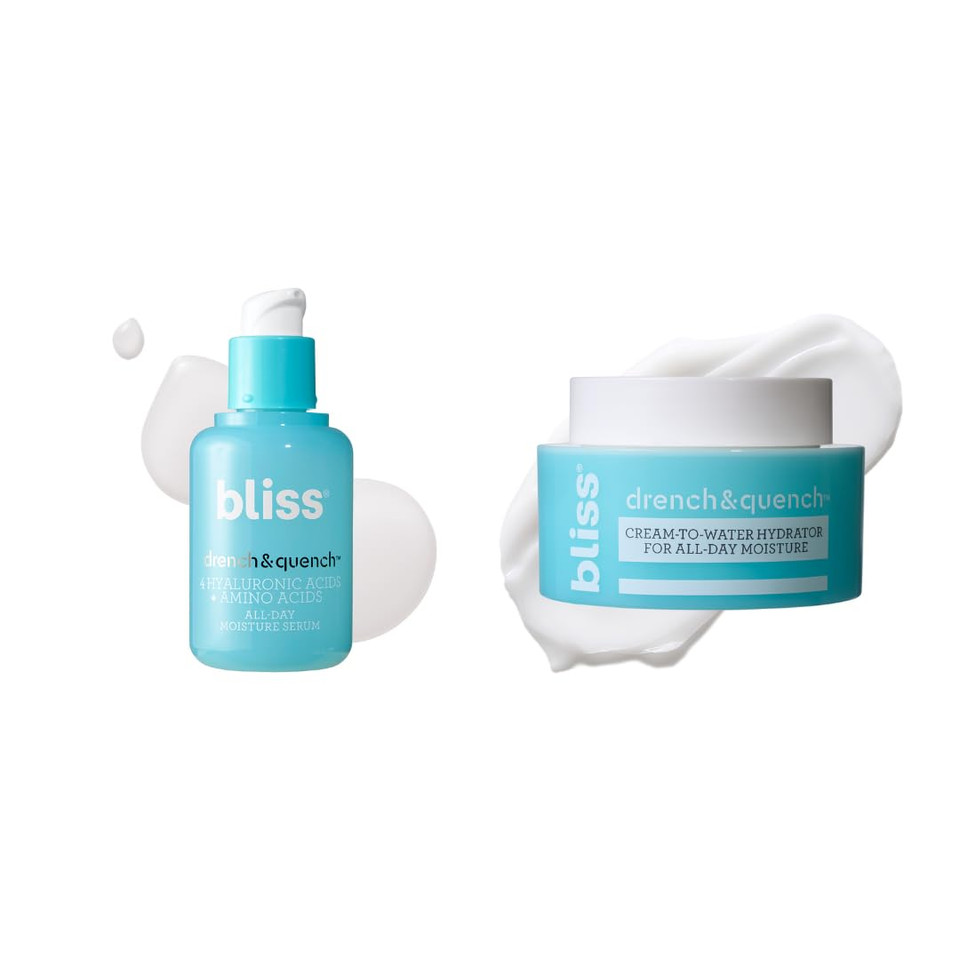 Bliss Hyaluronic Acid Drench & Quench Serum + Moitsturizer Hydrating Ingredients For Dry, Sensitive Skin - Lightweight Gel Formula For Deep Hydration & Plump Skin - Clean, Cruelty-Free - 1 Fl Oz