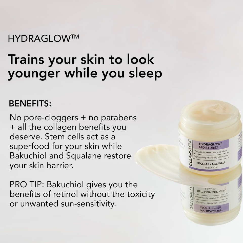 Clearstem - Hydraglow Stem Cell Moisturizer - Bakuchiol + Squalene - Youthful Skin Face Moisturizer - All Skin Types - Facial Skin Care Products - Vegan, Gluten Free, Cruelty Free - 2 Fl Oz / 60Ml