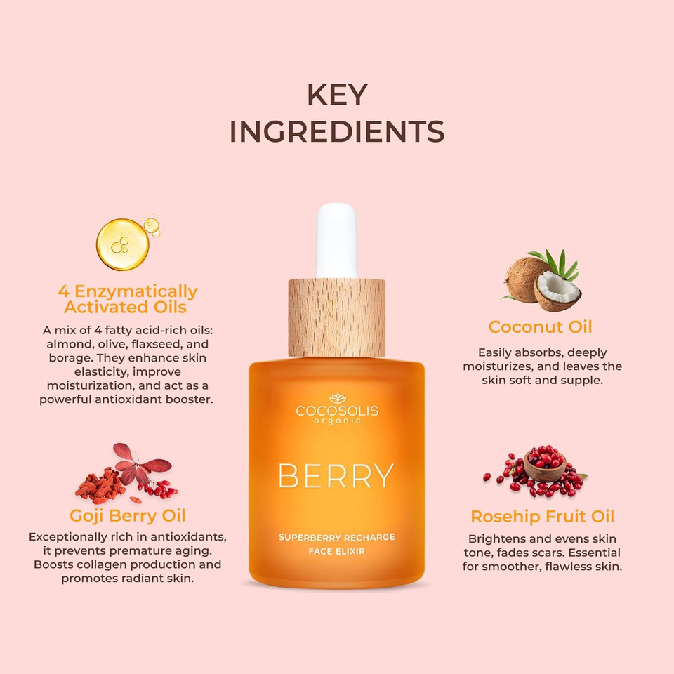Cocosolis Berry Superberry Recharge Face Elixir, Facial Elixir With Organic Oils, Vegan Nourishing Day Care With Vitamin E And Enzyme-Activated Oils