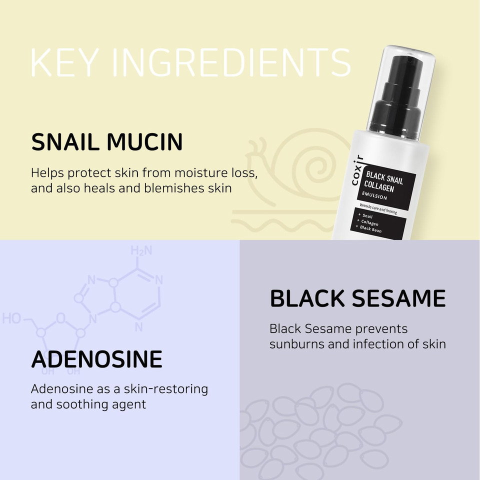Coxir Black Snail Collagen Emulsion | Black Rice, Snail Mucin, Collagen, Hyaluronic Acid | Lightweight Face Moisturizer | Firming, Nourishing, Korean Skin Care [100Ml/3.38 Fl.Oz]