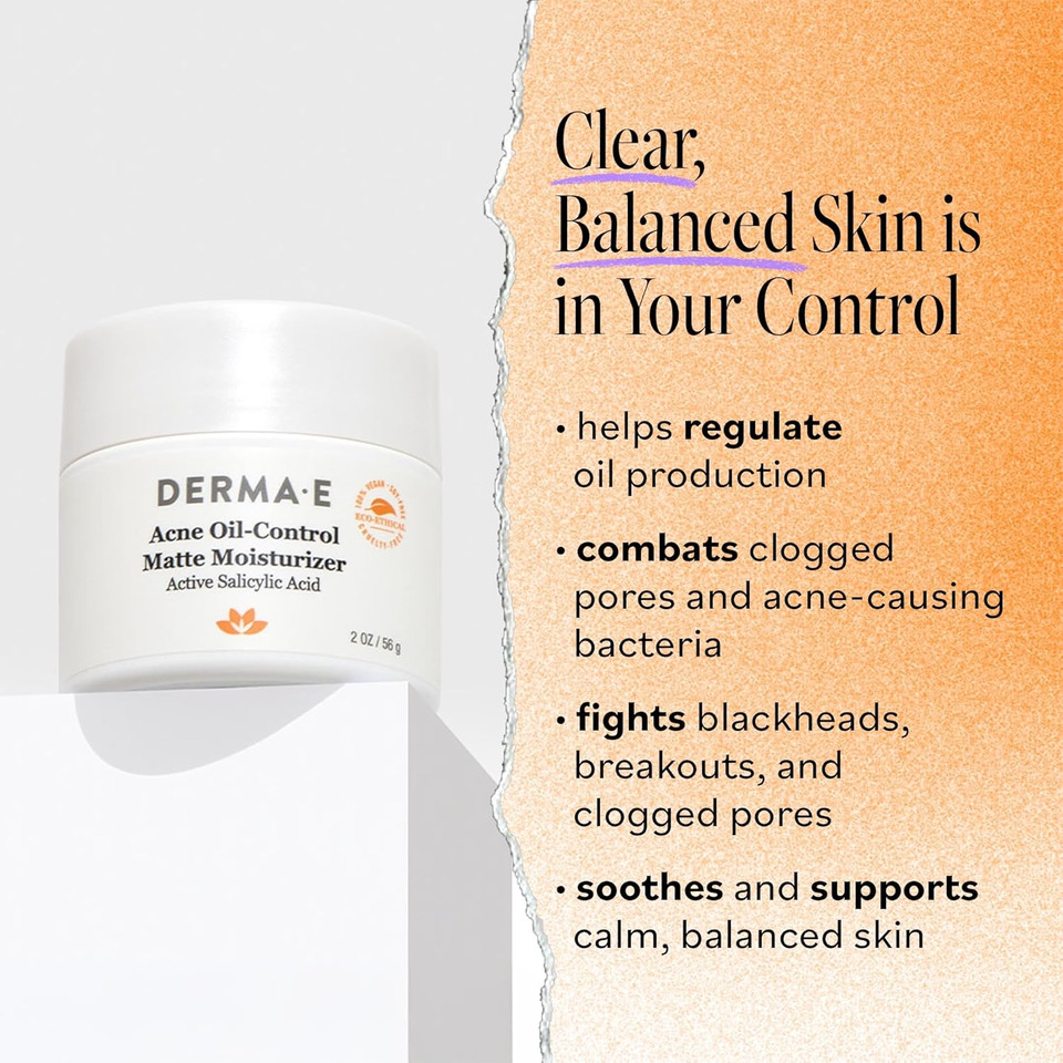 Derma E Acne Oil Control Face Moisturizer, 2 Oz, Matte Moisturizer With Salicylic Acid, Tea Tree Oil & Aloe Vera, Face Cream Rebalances Sebum Production & Prevents Blemishes, Redness & Breakouts 2 Oz