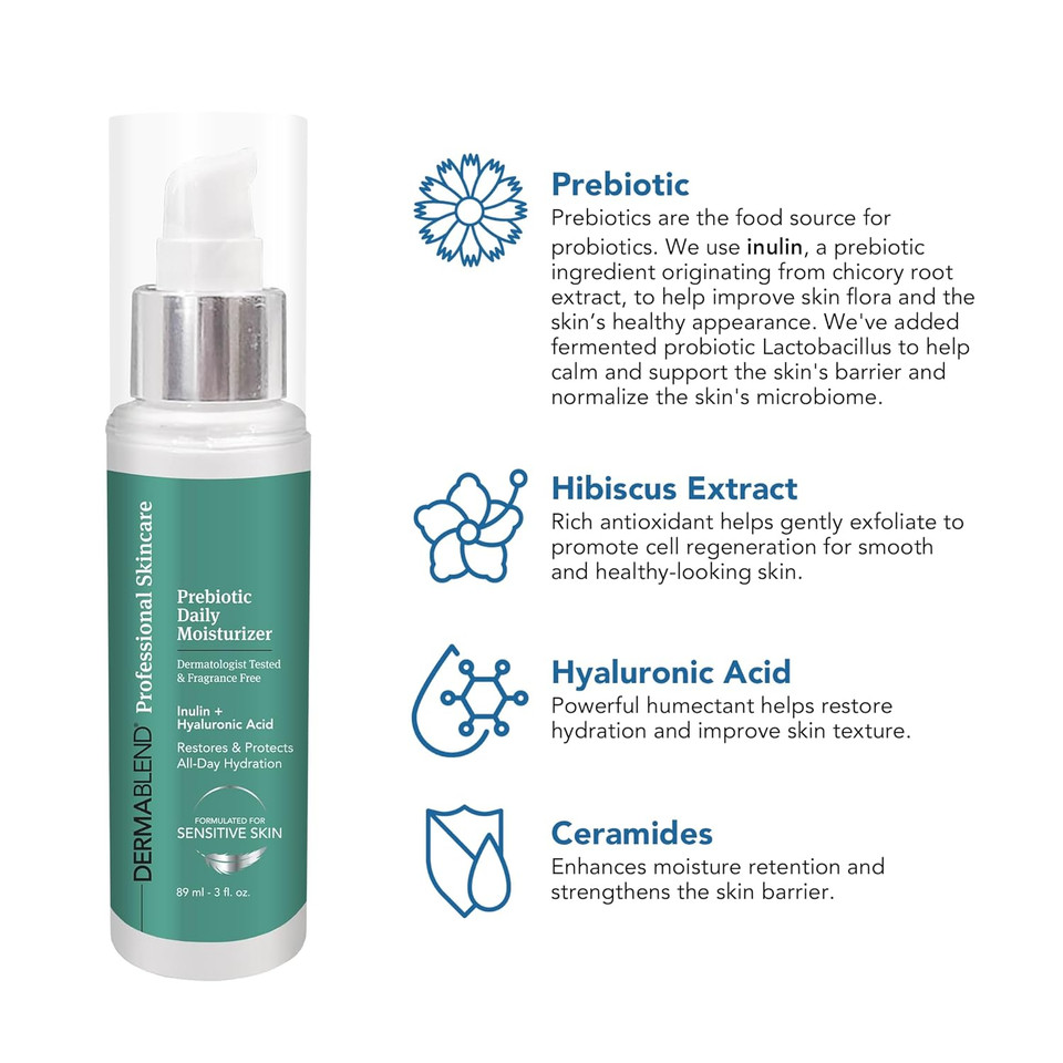 Dermablend Prebiotic Daily Moisturizer 3 Fl Oz, Lightweight Moisturizer With All-Day Hydration, Prebiotic Inulin, Probiotics & Hyaluronic Acid, Ideal For Sensitive Skin, Fragrance-Free Non-Comedogenic