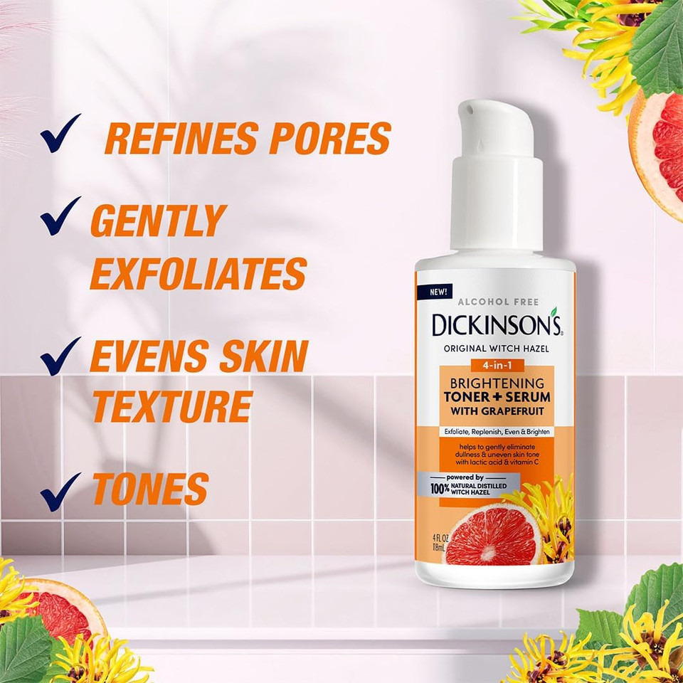 Dickinson'S Original Witch Hazel Brightening Toner + Serum With Grapefruit | 100% Natural Distilled Witch Hazel | Alcohol-Free | Gently Exfoliates & Tones Skin | Refines Pores| 4 Fl Oz