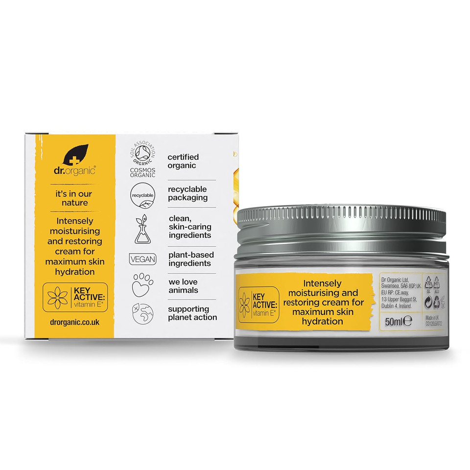 Dr. Organic Vitamin E Moisturising And Restoring Cream | Deeply Hydrates, Restores SkinS Natural Balance, Natural, Certified Organic, Paraben & Sls-Free, 50 Ml / 1.7 Fl Oz