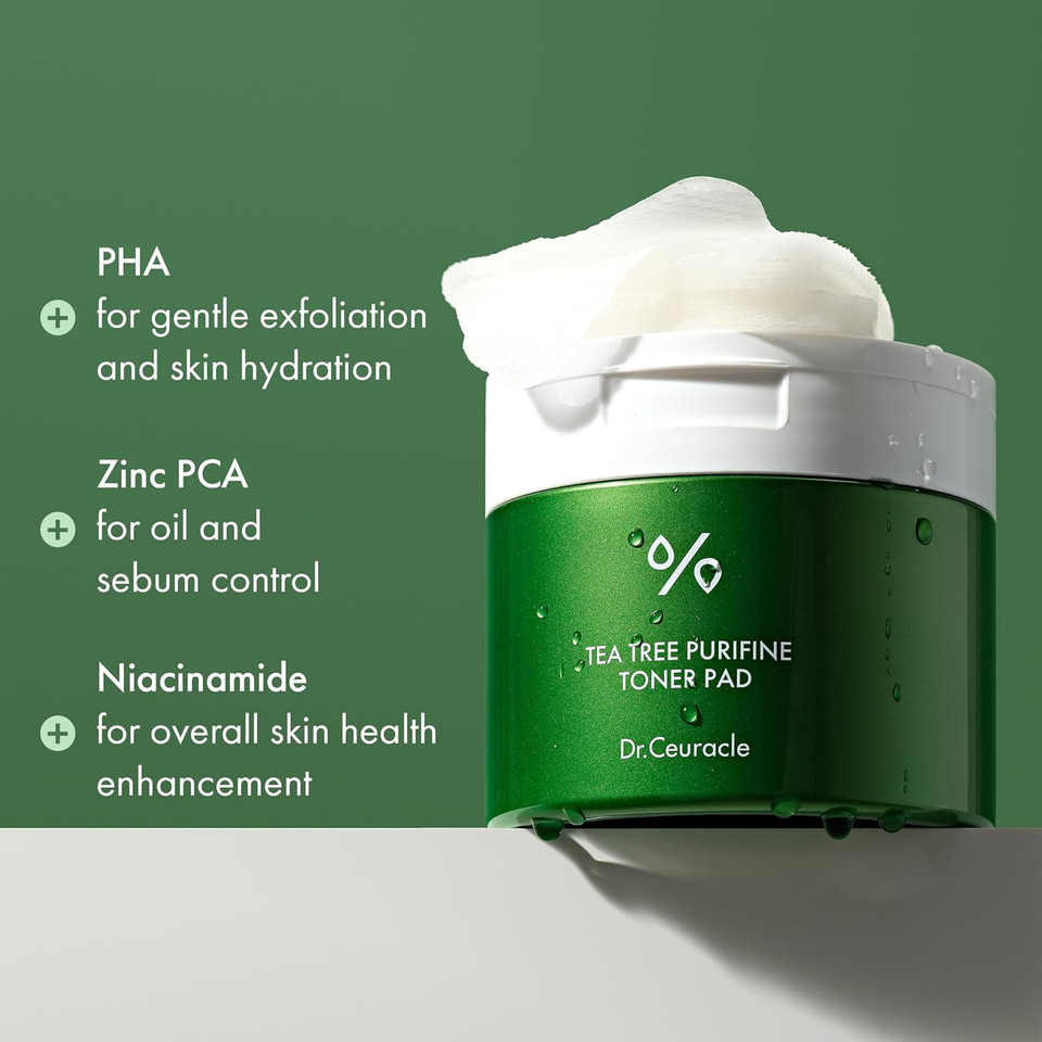 Dr.Ceuracle Tea Tree Purifine Toner Pad - Korean Skincare Mild Exfoliating And Pore Care, Double-Textured Face Pads With Pha, Zinc Pca, Niacinamide (60 Pads)