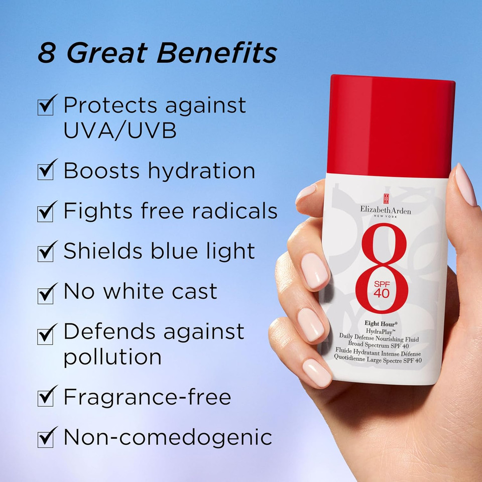 Elizabeth Arden Eight Hour Hydraplay Daily Defense Nourishing Fluid Broad Spectrum Face Sunscreen Spf 40, No White Cast, Non-Comedogenic, Fragrance-Free, 1.7 Fl Oz