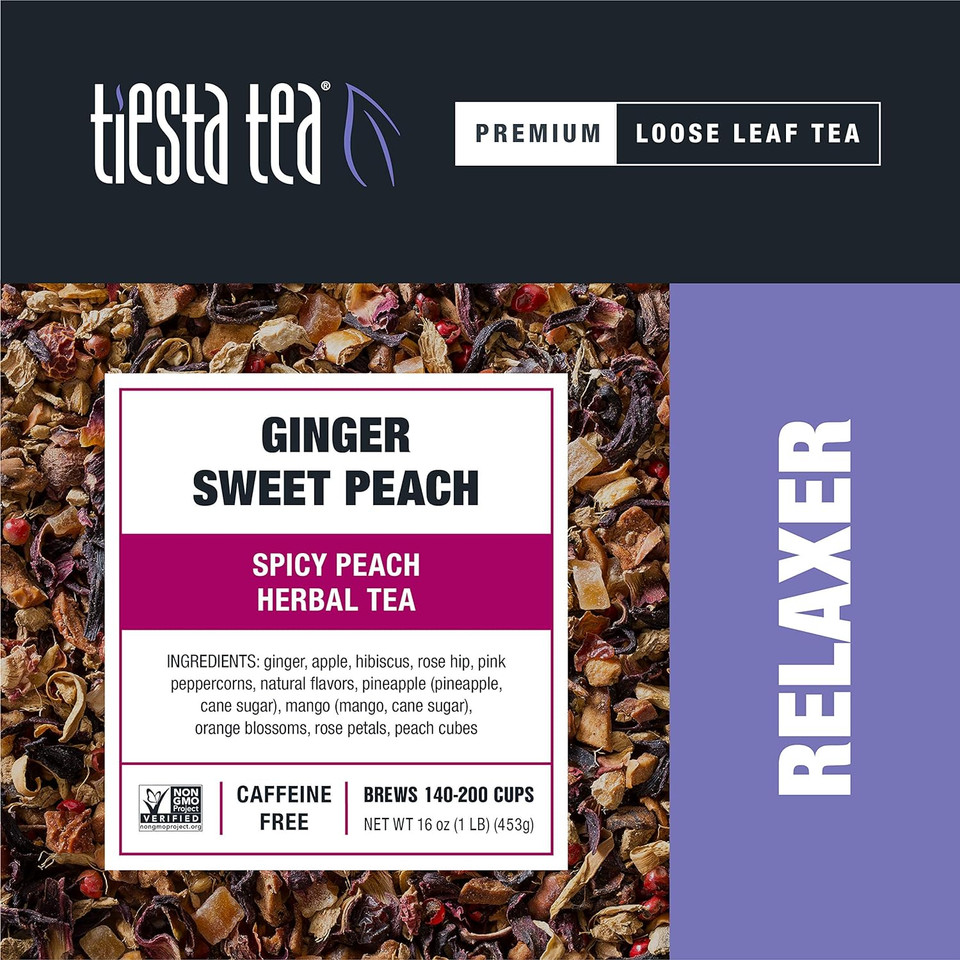 Tiesta Tea - Ginger Sweet Peach, Spicy Peach Herbal Tea, Loose Leaf, Up To 200 Cups, Make Hot Or Iced, Non-Caffeinated, 16 Ounce Resealable Bulk Pouch