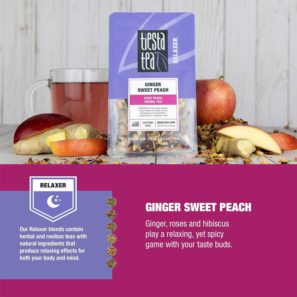 Tiesta Tea - Ginger Sweet Peach, Spicy Peach Herbal Tea, Loose Leaf, Up To 200 Cups, Make Hot Or Iced, Non-Caffeinated, 16 Ounce Resealable Bulk Pouch