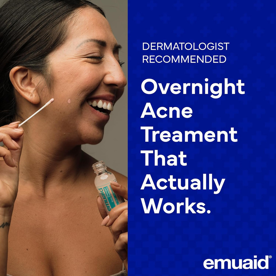 Emuaid Overnight Acne Treatment, Gentle Fast-Acting Solution With Salicylic Acid For Adults And Teens, Clears Stubborn Pimples, Cystic Acne, Blackheads, Rosacea, And Hormonal Breakouts, 1Oz