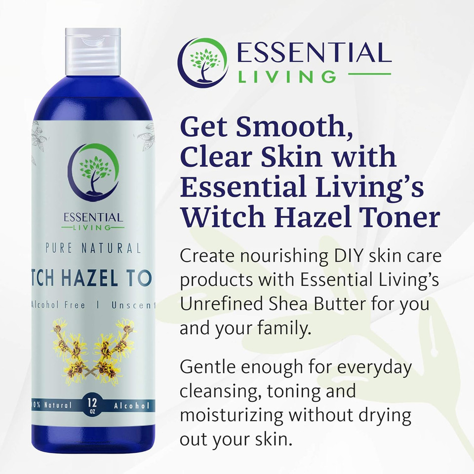 Essential Living: Witch Hazel Toner - Pure And Unscented - 12 Oz. Natural Botanical Facial Skin Care Product For Acne And Blemishes - Helps Balance Skin Ph - Fights Skin Inflammation - Made In The Usa