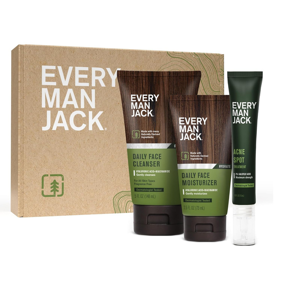Every Man Jack Daily Skin Care Set -Three Full-Size, Fragrance Free Skin Care Essentials For A Complete Routine - Face Wash, Face Lotion, Acne Spot Treatment
