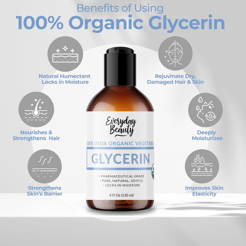 Everyday Beauty 100% Organic Glycerin - Usda Certified - Perfect For Diy Beauty Products, Crafts, And Formulations - Derived From Coconut - Skin And Hair Moisturizer For Deep Hydration - 8 Fl Oz
