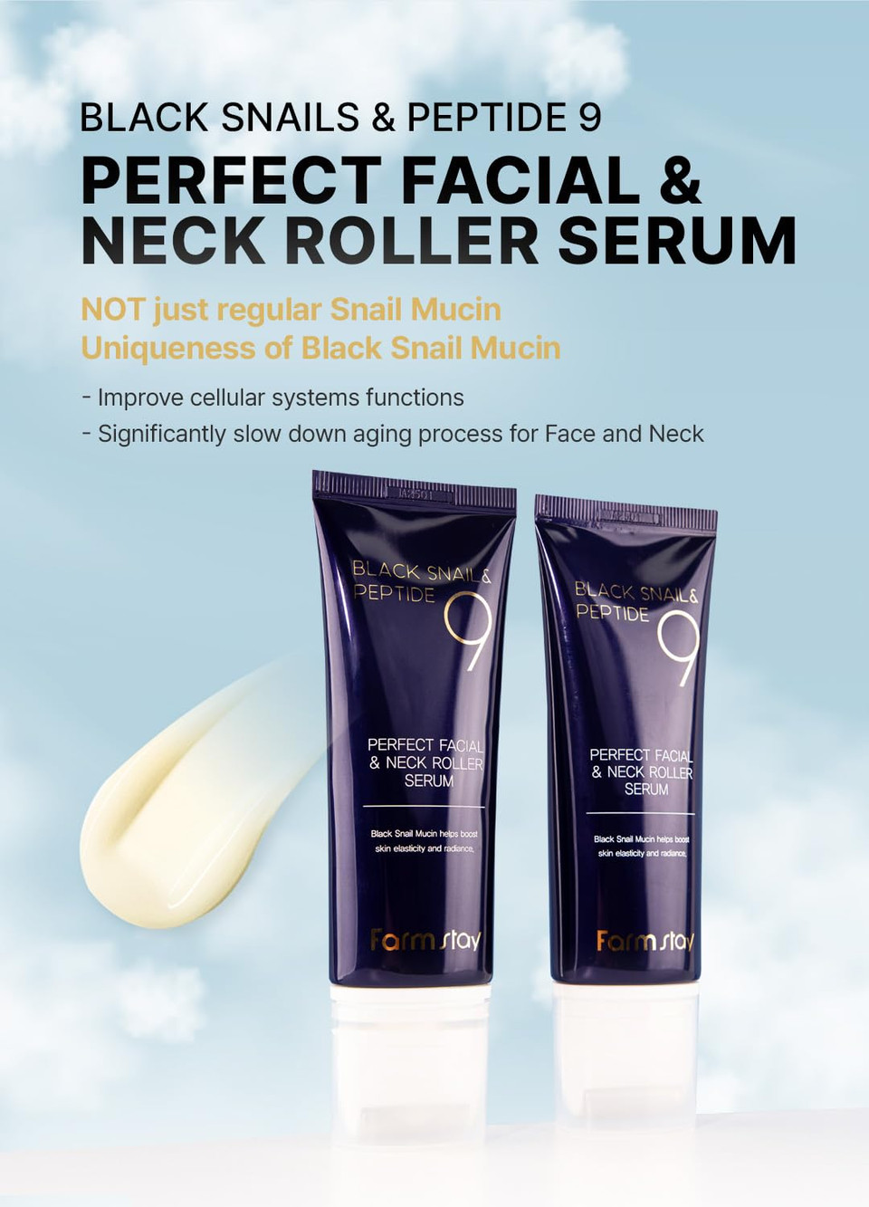 Farmstay Black Snail & Peptide 9 Perfect Facial & Neck Roller Serum  Firming & Lifting, Deep Hydration & Skin Elasticity, Snail Mucin & 9 Peptides For Youthful Glow & Smooth Skin, 100Ml