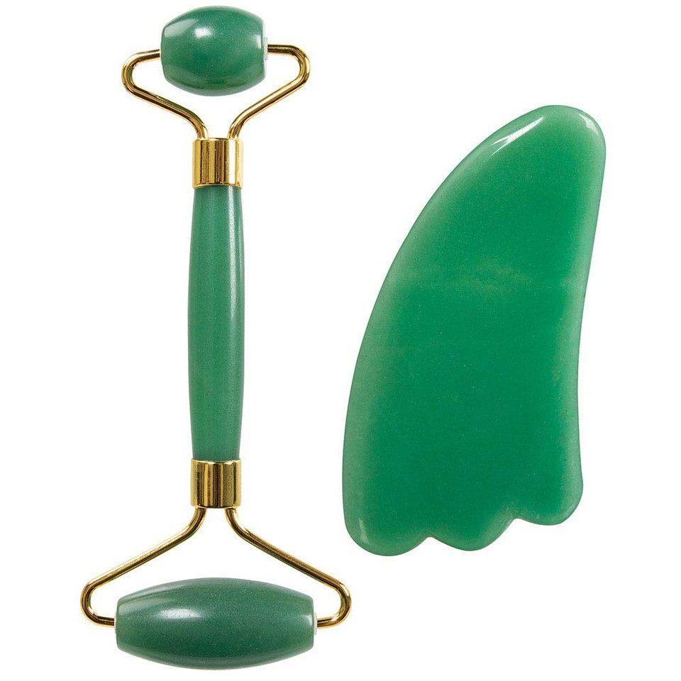 Forpro Professional Collection Fake Bake 100% Natural Jade Stone Set Includes Adventurine Jade Roller And Gua Sha Stone For Reducing Wrinkles And Improving Skin Tone