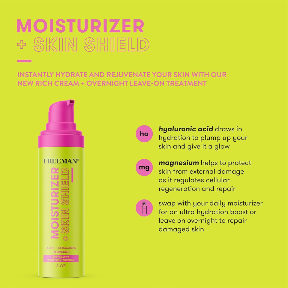 Freeman Moisturizer + Skin Shield, Lightweight Moisturizer, Infused With Aloe Vera & Ceramides To Protect Skin, Soothes & Calms, & Hydrates, Face Serum Relieves Dry Skin, 3 Fl.Oz./ 89 Ml Bottle