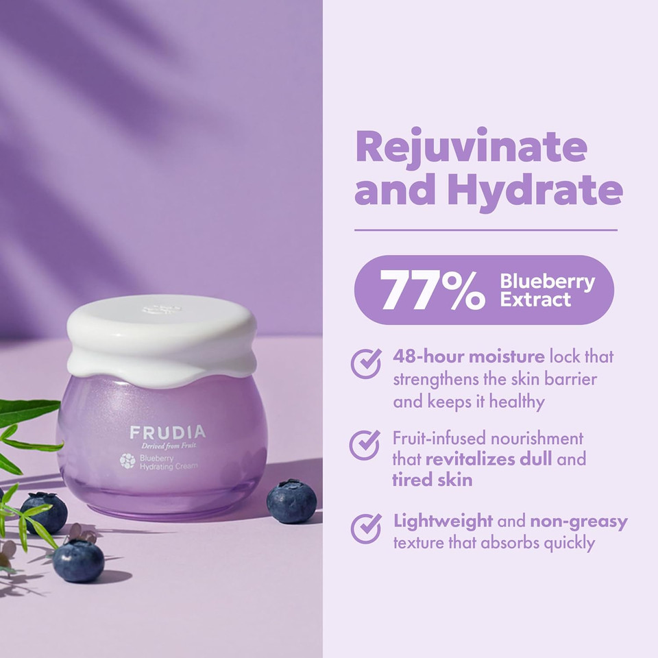 Frudia Blueberry Hydrating Intensive Face Cream, Vegan Korean Face Moisturizer W/69% Blueberry Extract, Panthenol & Ws Bs Care Ex For Dry Skin (0.33 Fl Oz)