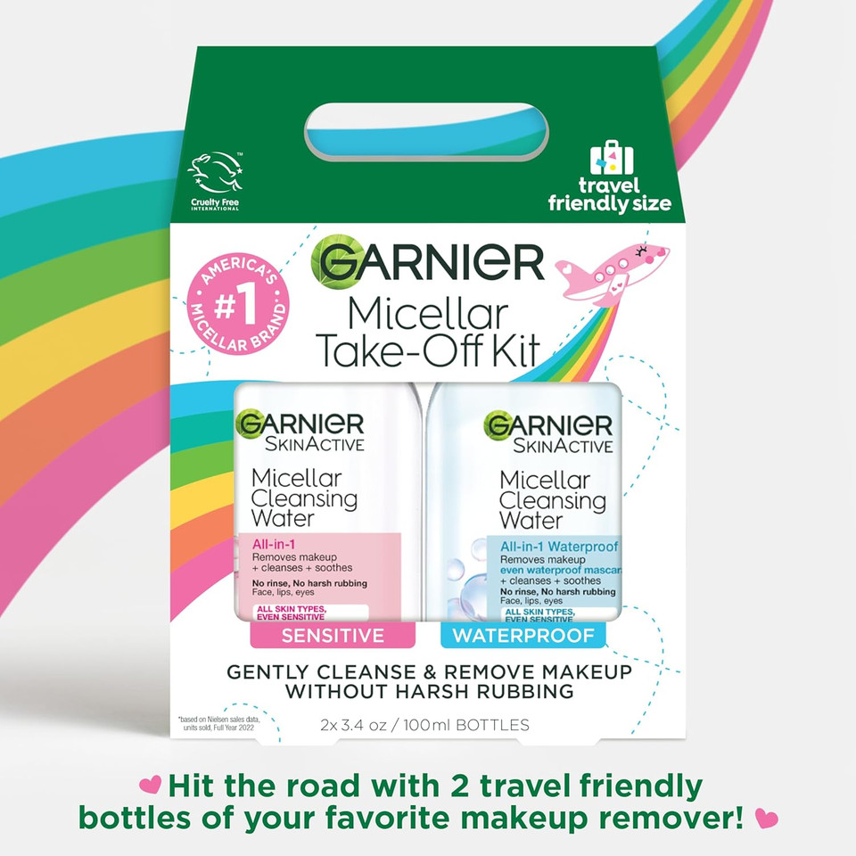 Garnier Micellar Water Travel Size Take-Off Kit, All-In-1 Facial Cleanser & Makeup Remover, Mini All-In-1 Micellar + Mini Remover For Waterproof Makeup