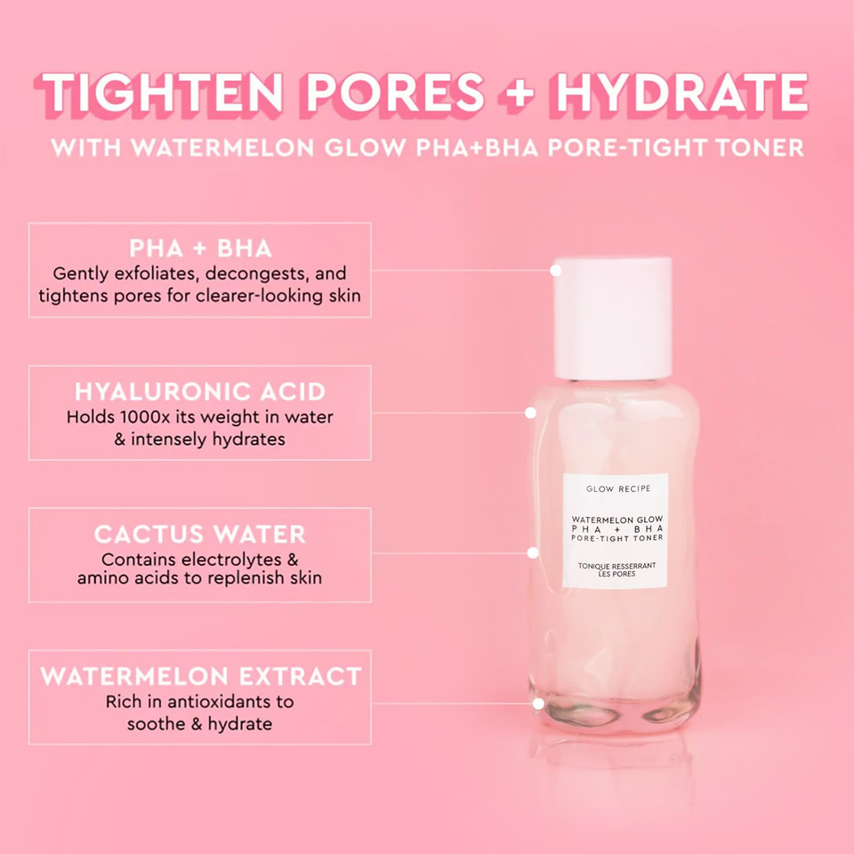 Glow Recipe Real Glass Skin Kit - Pha + Bha Toner & Gentle Face Exfoliant (40 Ml) + Pink Juice Hydrating Moisturizer With Hyaluronic Acid (50 Ml) + Niacinamide Dew Drops Highlighting Serum (15 Ml)