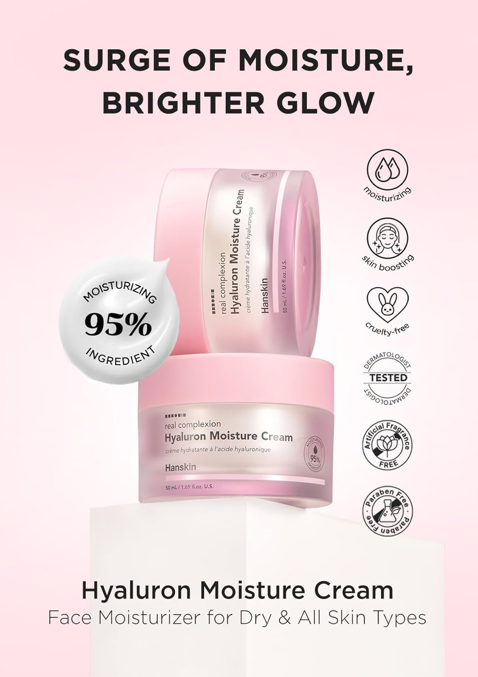 Hanskin Real Complexion Hyaluronic Moisture Cream,Hyaluronic Acid Moisturizer With Niacinamide Vitamin E Moisturizing Lotion For Sensitive And Dry Skin Korean Skincare 1.69 Fl.Oz