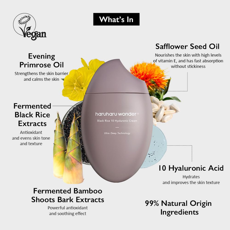 Haruharu Wonder Black Rice 10 Hyaluronic Cream Unscented, 1.6 Fl Oz, Vegan, Cruelty-Free, Korean Skincare