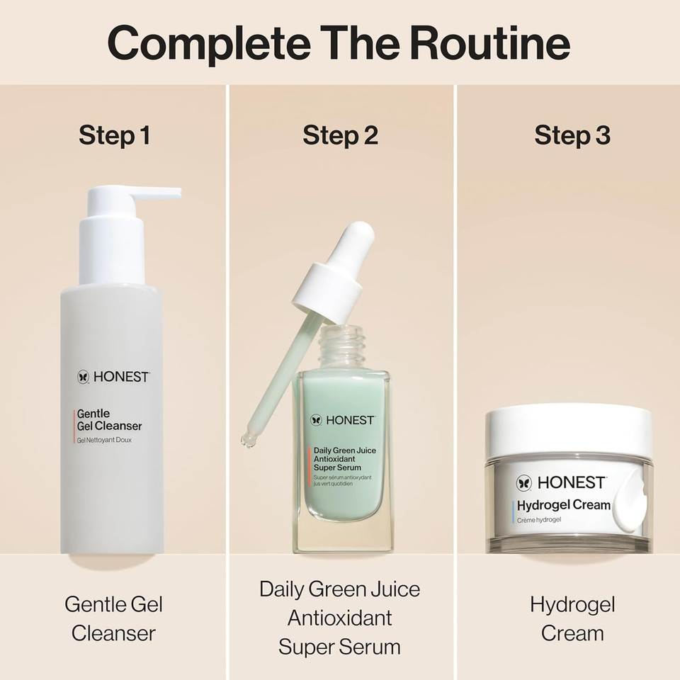 Honest Beauty Everyday Moisturizing Trio | Gentle Gel Cleanser, Green Juice Antioxidant Serum, Hydrogel Cream | 3-Step Routine | Vegan + Gentle For Sensitive Skin