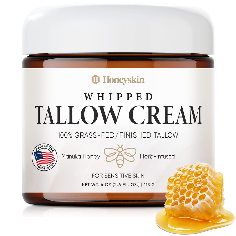 Honeyskin Whipped Tallow And Honey Cream  100% Grass-Fed All Natural Mountain Beef Tallow For Skin Face Moisturizer  Nourishing, Hydrating Cream For Dry, Sensitive Skin  Gentle Soothing Care, 4Oz